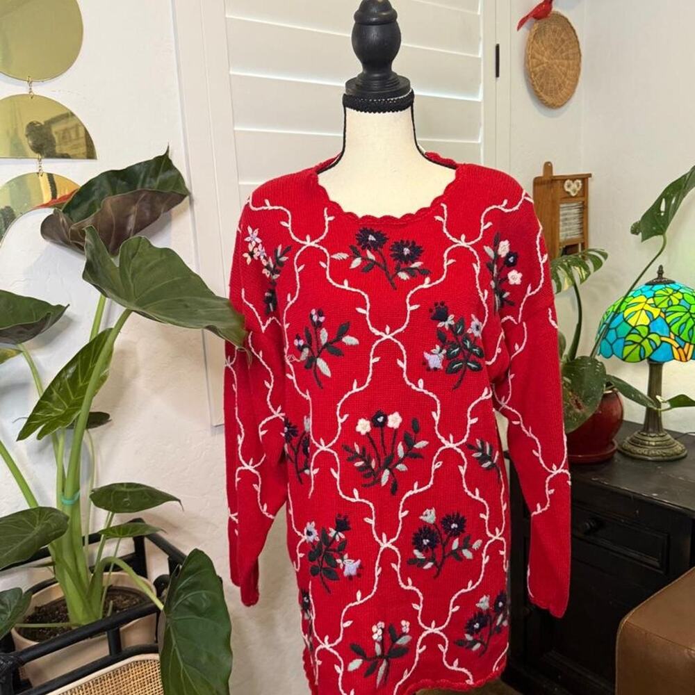 Vintage 90s Paul Harris Red Floral Embroidered Ramie Cotton Sweater Tunic L